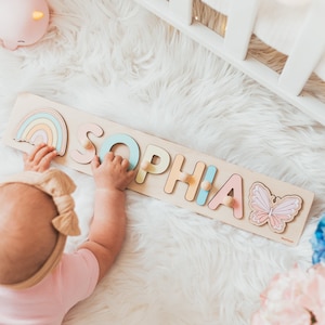 Name Busy Puzzle, Personalized Puzzle With Butterfly at Extra Charge, 1st Birthday Baby Girl, Christmas Gifts, Wooden Toys, Custom Name Sign image 1