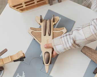 Wooden Toy Fighter Jet. Airport Set. Personalized Toy Plane. Kids Pretend Play. Custom Birthday Baby Gifts. Fidget Toddler Toy. Nephew Gift.