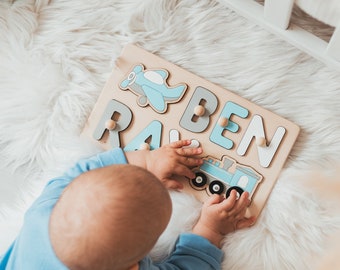 Puzzle con nome per bambino, giocattoli in legno, regalo personalizzato per bambini, regalo per baby shower, primo regalo di Pasqua, giocattoli Montessori, giocattolo sensoriale