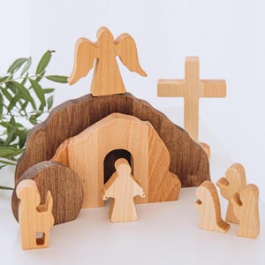 Cena de Túmulo Vazio em Madeira, Cena da Ressurreição da Páscoa, Conjunto de Madeira para Decoração Cristã de Páscoa, Presentes de Páscoa para a Família, Estátua de Jesus, Cristo Ressuscitado