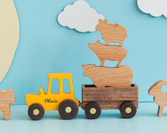 Toys Tractor With Name, Personalized Gifts For Kids, Toddler Toys, Wooden Toy Animals, Sensory Toys, Baby Boy Gift, Birthday Gift 2 Year Old