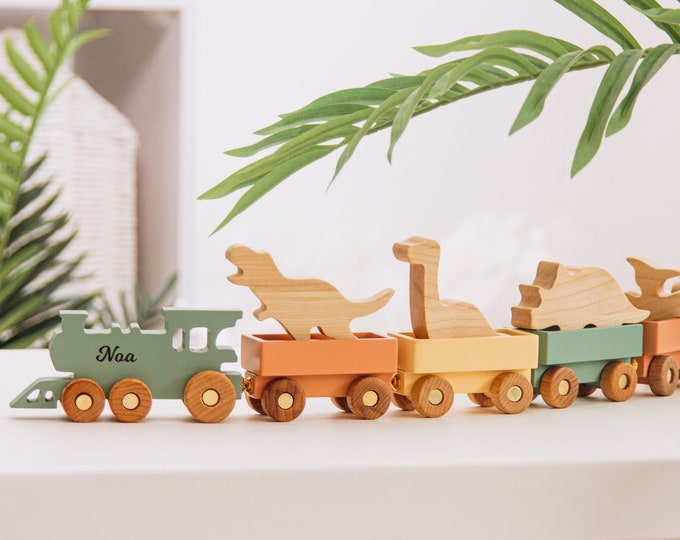 Train With Dinosaurs. Personalized Baby Boy Gift. Wooden Toys. 1 2 3 Year Old Gift. First Birthday Gift Keepsake. Fidget Toys For Toddlers.