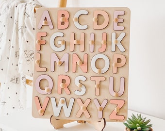 Pink Pastel Wooden Alphabet Puzzle, Easter Gifts For Kids