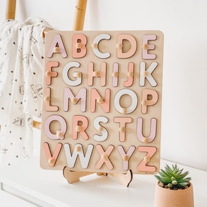 Pink Pastel Wooden Alphabet Puzzle, Christmas Gifts For Kids