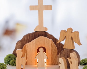 Osterdekor Auferstehungsszene Christian Religiöses Handgemachtes Ostern Christus ist auferstandenes Religiöses Osterfest Familie Geschenke Leeres Grab Massivholz