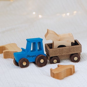 Toy tractor Personalized baby gifts Pretend play Wooden toys for toddlers Toy animals set Sensory toys for kids Custom cars First Easter image 1