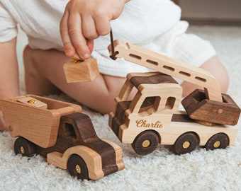 Toy Dump Truck & Crane With Magnet Blocks Cars For Boys Personalized Toy Vehicles Birthday Gift For Kids Wooden Toys Sensory Toys Fidget Toy