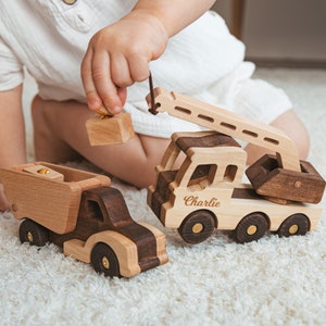 Toy Dump Truck & Crane With Magnet Blocks Cars For Boys Personalized Toy Vehicles Birthday Gift For Kids Wooden Toys Sensory Toys Fidget Toy image 1