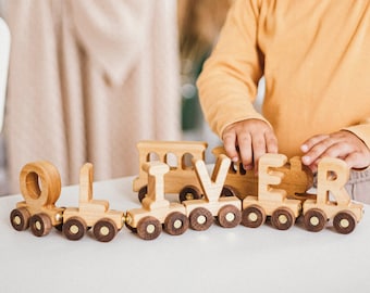 Wooden Train With Name, 1 Year Old Boy, 1st Birthday Gift, Wooden Montessori Toy For Toddlers, Baby Boy Personalized Gift, Custom Name Sign