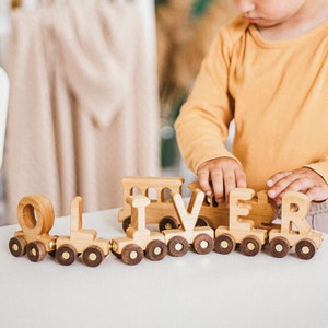 Wooden Train With Name, 1 Year Old Boy, 1st Birthday Gift, Wooden Montessori Toy For Toddlers, Baby Boy Personalized Gift, Custom Name Sign image 1