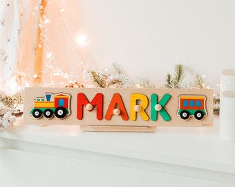 Personalized Wooden Name Puzzle With Train at Extra Charge, Rainbow Toys and Games, Baby First Easter Gift, 1st Birthday Boy Gift