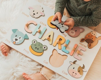 Name Puzzle with Animals. 1 2 3 Year Old Gift Personalized. Montessori Toy. Sensory Toy For Toddlers. First Birthday Gift. Educational Toy.