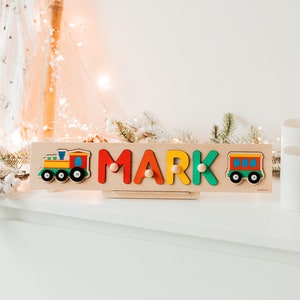 Personalized Wooden Name Puzzle With Train at Extra Charge, Rainbow Toys and Games, Baby First Easter Gift, 1st Birthday Boy Gift