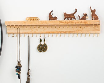 Custom Jewelry Organizer with Cats. Wooden Shelf with Hooks for Accessories. Jewelry Holder. Necklace&Ring Holder. Unique Mothers Day Gift.