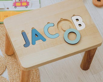 Name Puzzle Step Stool Bench Toddler Step Stool with Puzzle Baby Boy Birthday Gif Baby Shower Gift Wooden Toddler Chair Gifts For Kids