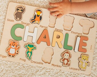 Custom Name Puzzle With Animals. Toddler Pretend Play. Educational Toy. First Birthday Boy or Girl Gift. Personalized Kids Name Puzzle.