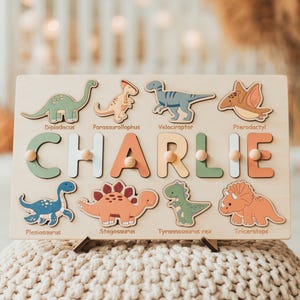 Dinosaur Name Puzzle | Dinosaur First Birthday Gift | Dinosaur Nursery Decor | Birthday Decorations | Baby Shower Gift | Montessori Toys