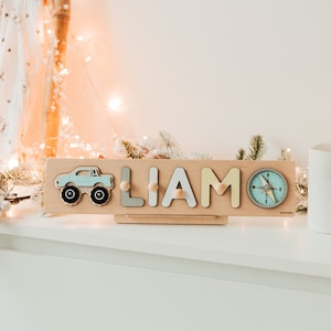 パーソナライズされた名前のパズル、男の子の赤ちゃんへのギフト、海の保育園の装飾、モンテッソーリの子供用おもちゃ、1歳の誕生日プレゼント、木製の感覚玩具、新生児へのギフト