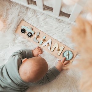 Wooden Name Puzzle With Car, Personalized Stim Toy, Baby First Christmas Gift, Unique Baby Gift, Custom Nursery Decor For Toddlers