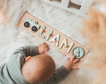 Wooden Name Puzzle With Car, Personalized Stim Toy, Baby First Easter Gift, Unique Baby Gift, Custom Nursery Decor For Toddlers