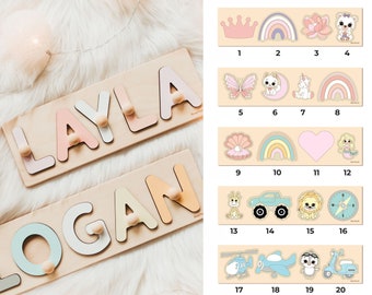 Name puzzle with additional elements, Personalized baby gifts, Wooden toddler toys, 1st Birthday, Baby shower, Christening, First Easter