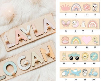 Puzzle con nomi con elementi aggiuntivi, Regali personalizzati per neonati, Giochi in legno per bambini, 1° compleanno, Baby shower, Battesimo, Prima Pasqua