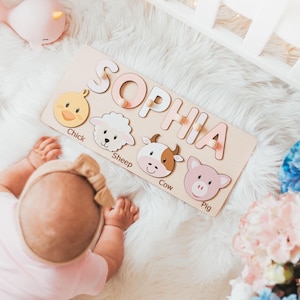 Puzzle con nome per bambina, puzzle personalizzato con animali della fattoria, 3 anni, regali di Natale per bambini, giocattoli in legno per bambini, lavagna Montessori