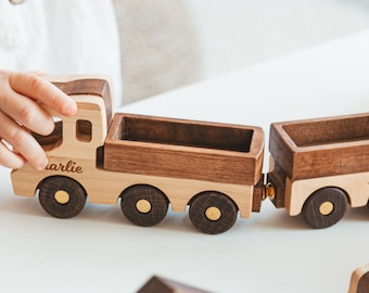 Personalized Toy Truck With Cargo Trailer Wooden Cars Birthday Boy Gift Kids Pretend Play Fidget Toys For Toddlers Gift For Kids Busy Puzzle