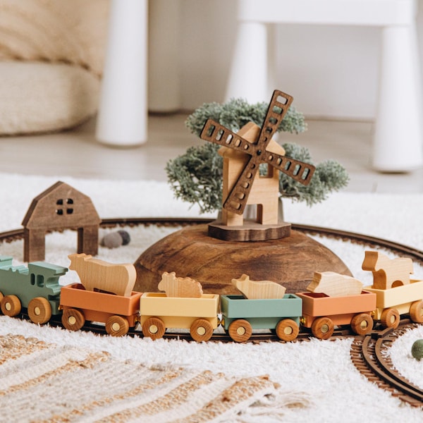 Customized Unique Train With Farm Animals Toddler Wooden Montessori Toys Personalized Baby Boy Gift First Birthday Gift Eco Friendly Toys