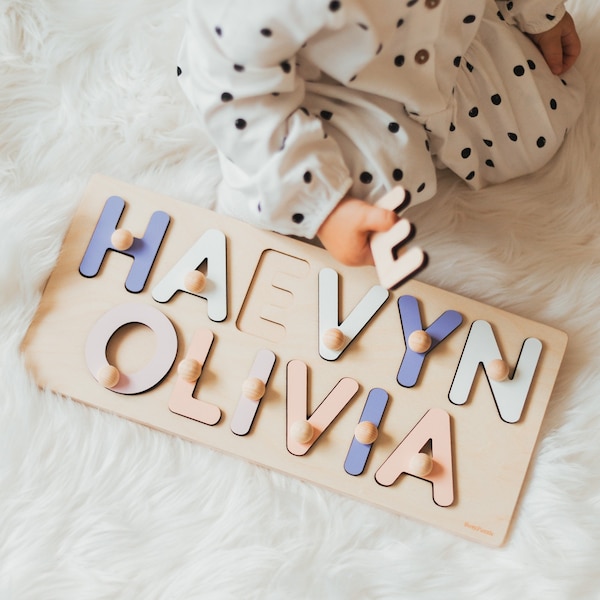 Wooden Double Name Puzzle With Pegs, Unique Newborn Baby Gift, 1st Birthday Girl Gift, Personalized Toddler Easter Gift, Montessori Toys