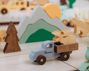 Speelgoedset met natuurlijke bosdieren en auto's, handgemaakt van hardhout, uniek cadeau voor kinderen, Montessori-speelgoed, geschikt voor een jongen van 2 jaar.