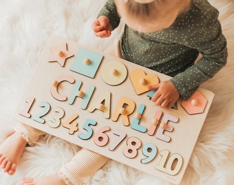 Educational Name Puzzle, Wooden Numbers & Shapes, Montessori Board, Toys For Toddler, Personalized Puzzle With Pegs at Extra Charge