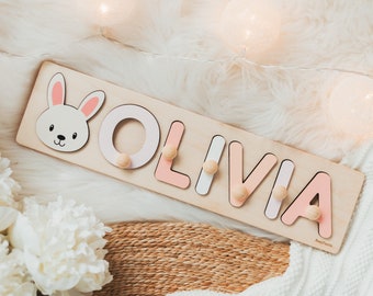 Name Puzzle With Animals, First Easter Gift, Montessori Toys, Baby Girl Personalized Gift, Custom Puzzle Board, Sensory Toys For Toddlers