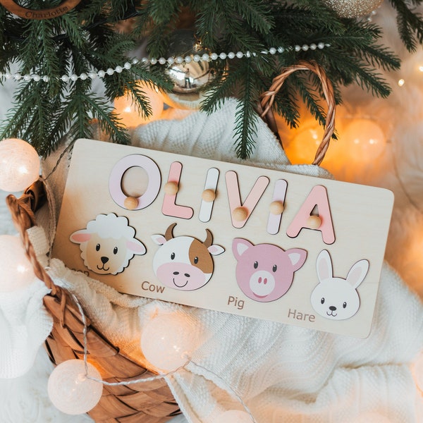 Name Puzzle With Animals at Extra Charge, 1st Birthday, Easter Gifts For Kids, Unique Pastel Nursery Decor, Wooden Montessori Toys