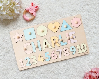 Pastel Name Puzzle, Busy Puzzle, Montessori Toys, Wooden Name with Numbers, Baby Shower Gift, 1st Birthday, Personalized Baby Puzzle