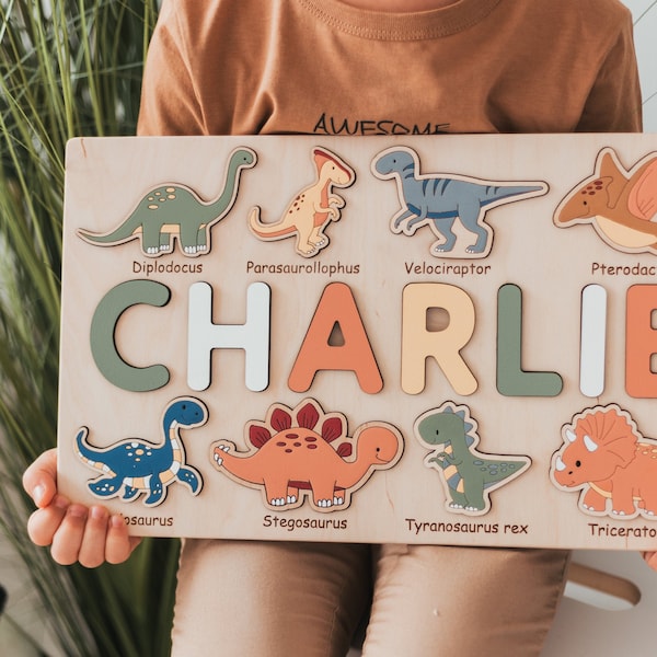 Dinosaur Name Puzzle | Dinosaur First Birthday Gift | Dinosaur Nursery Decor | Birthday Decorations | Baby Shower Gift | Montessori Toys