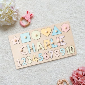 Pastel Name Puzzle, Busy Puzzle, Montessori Toys, Wooden Name with Numbers, Baby Shower Gift, 1st Birthday, Personalized Baby Puzzle