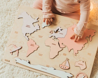 World Map Puzzle, 3+ Years Old Girl, Educational Toy, Birhday Baby Gift, Easter Gift For Kid, Pink Room Decor, Montessori Busy Puzzle