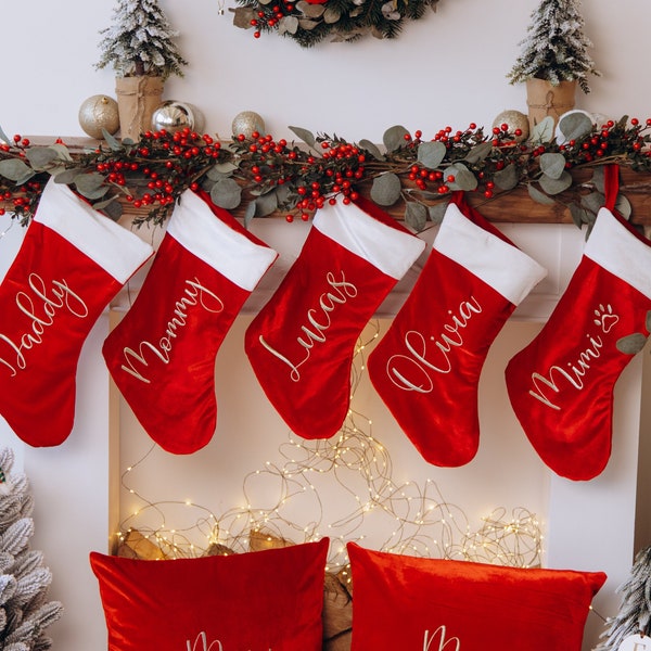 Velvet Christmas Stockings With Name Embroidery. Personalized Stockings. Holiday Decoration. Cat and Dog Stockings. Family Christmas Gifts.
