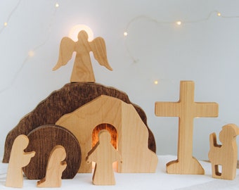 Wiederverwendbare Osterdeko. Ostern leere Grab Szene. Auferstehung aus Holz. Er ist auferstanden. Christliche Osterdekoration. Religiöses Geschenk.