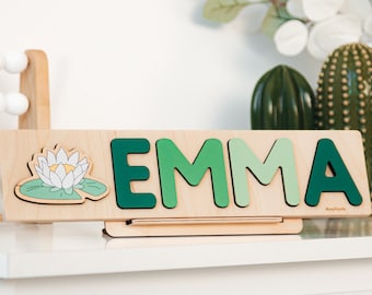 Unique Name Puzzle with Flower Christmas Personalized Gift for Baby and Toddler Natural Wooden Puzzle First Birthday Gift Montessori Toys