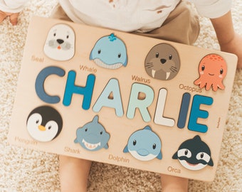 Name Puzzle With Animals, Ocean Nursery Decor, Toddler Montessori Toys, First Birthday Gift, Wooden Educational Toy, Custom Baby Shower Gift