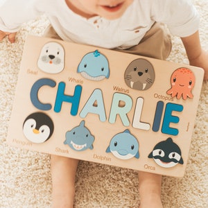 Name Puzzle With Animals, Ocean Nursery Decor, Toddler Montessori Toys, First Birthday Gift, Wooden Educational Toy, Custom Baby Shower Gift image 1