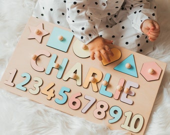 Educational Wooden Toys, Personalized Baby Girl Gift, Montessori Toys For Kids, Name Puzzle With Shapes And Numbers, Back To School