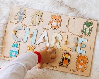 Name Puzzle With Safari Animals. Pretend Play Toddler. Wooden Kids Toys. Personalized Easter Gift. Baby Gifts. Sensory Toy 2 Year Old.