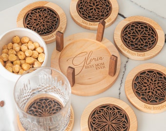 Set sottobicchieri personalizzati con desideri. Regalo per la festa della mamma. Sottobicchieri in legno personalizzati. Regalo di inaugurazione della casa. Accessori da cucina. Regali per la casa per la mamma.