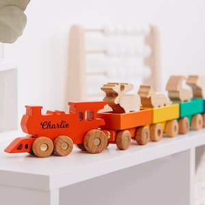 Rainbow Train With Name. Additional Set of Animals. Wooden Toys For Kids. Personalized Baby Boy Gift. Fidget Toddler Toy. 1st Birthday Gift. image 1