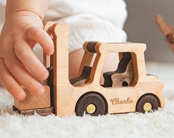 Toy Forklift With Name. Construction Vehicles. Personalized Gift For Kids. Wooden Toys For Toddlers. Baby Boy Gift. Birthday Keepsake Gifts.