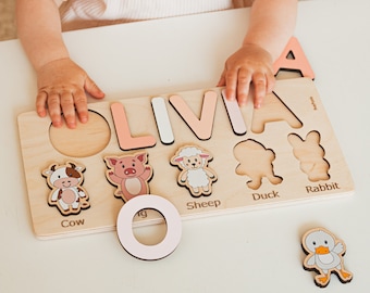 Funny Farm Animals Name Puzzle, Baby Girl Gift Personalized, Wooden Toddler Toys, 1st Birthday Keepsake Gift, First Easter Gift For Kids