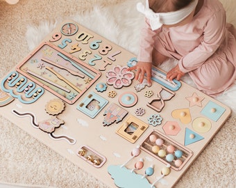 Educational Maxi Board, Baby Girl Personalized Board, Toddler Montessori Toys, First Birthday Gift, Sensory Activity Toy, Wooden Busy Board